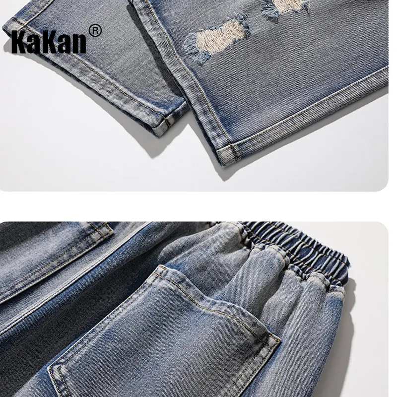 Kakan - New Vintage Distressed Jeans for Men, Trendy Loose Fitting Straight Leg High Street Wide Leg Cropped Jeans K24-BK551