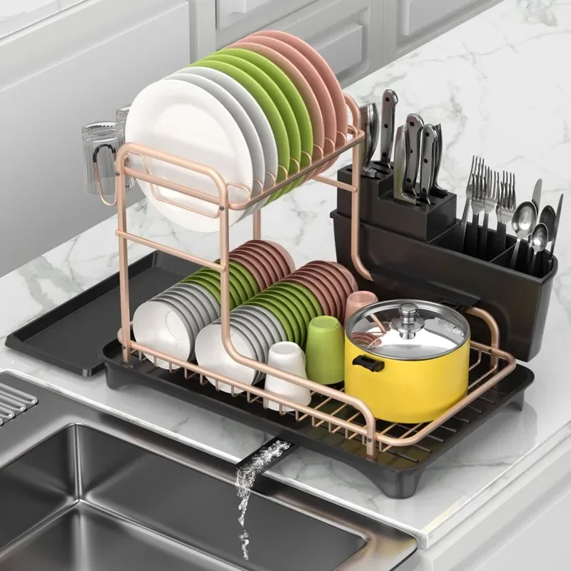 

Dish Racks for Kitchen Counter, 2 Tier Dish Drying Rack with Drainboard, Large Capacity Dish Drainer with Utensil Holder and Ext