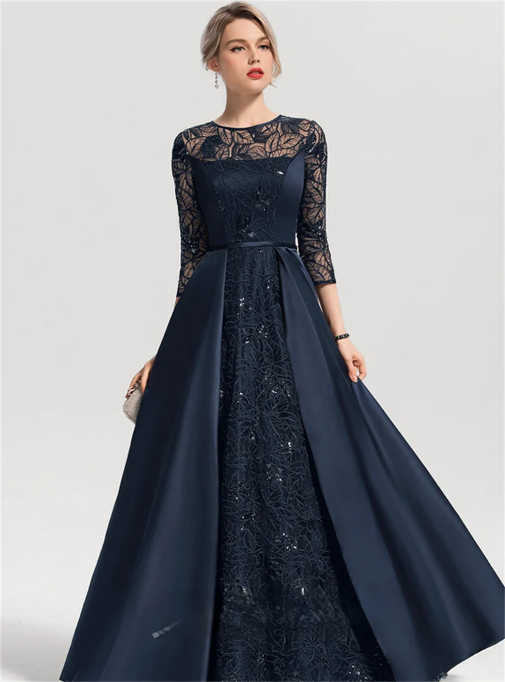 

A-Line Princess O-Neck Floor-Length 2022Train Applique Chiffon Beading Ladies Ruched Formal Prom Evening Party Dress Half Sleeve