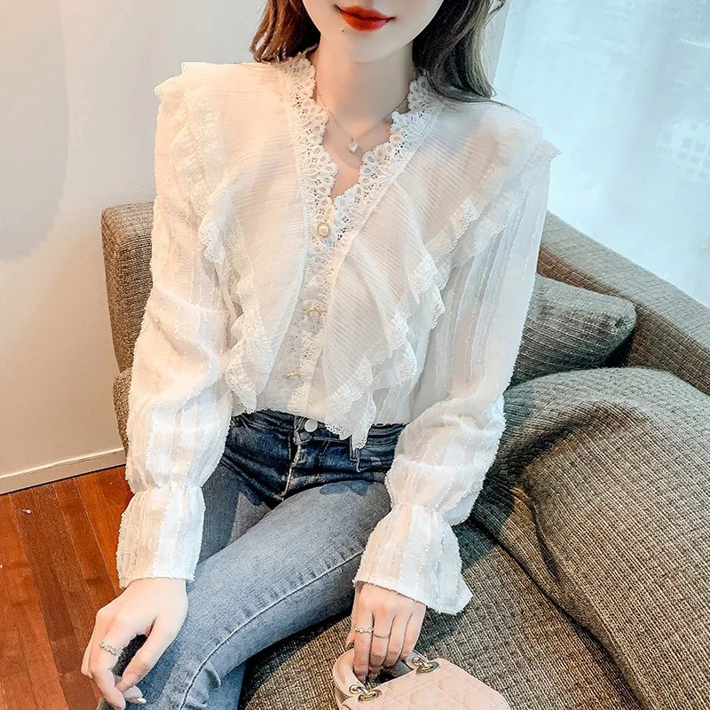 

Button up Shirt New Spring Autumn Ruffled Lace Chiffon shirt lace stitching shirt Mesh Long sleeve Cardigan Women Tops 133A