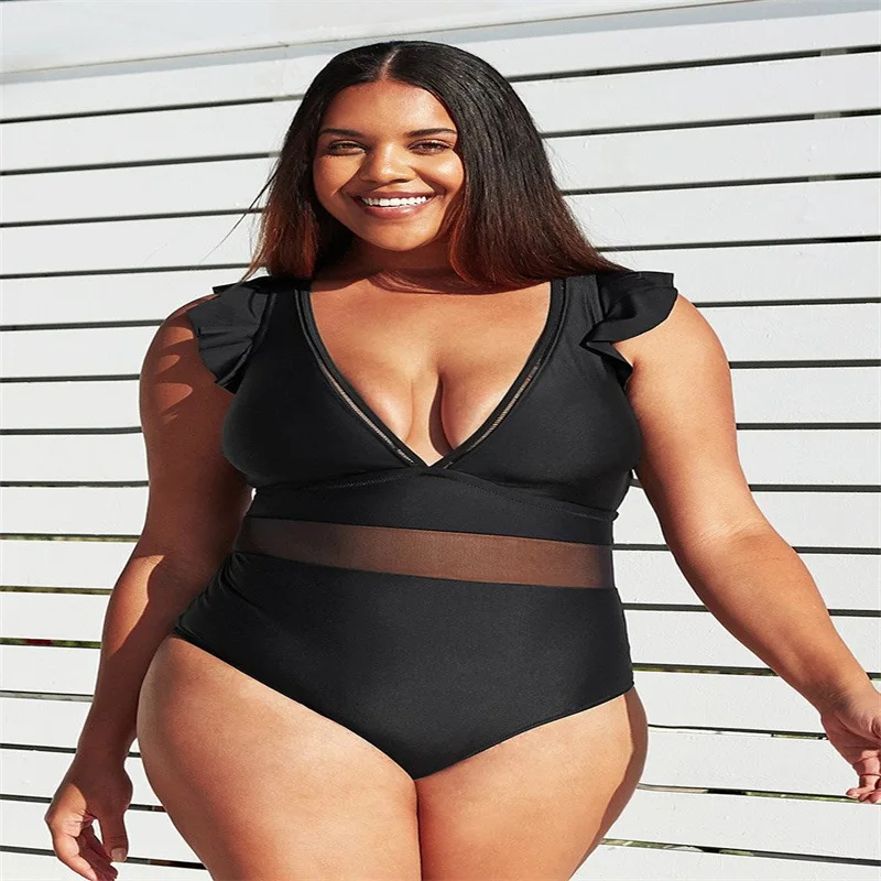 Plus Size Black Mesh V-Neck One Piece Swimsuit Women Large Size Sexy Monokini Bathing Suit 2022 New Beach Swimwear