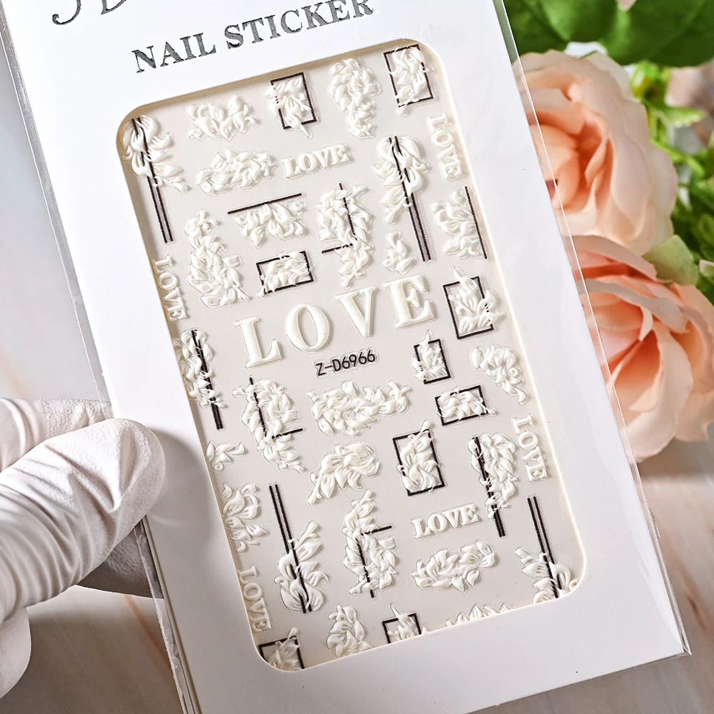 

1Sheet White Embossed Flower Lace Nail Sticker Wedding Nail Art Floral Butterfly Decal Back-glue Sliders Manicure Decoration