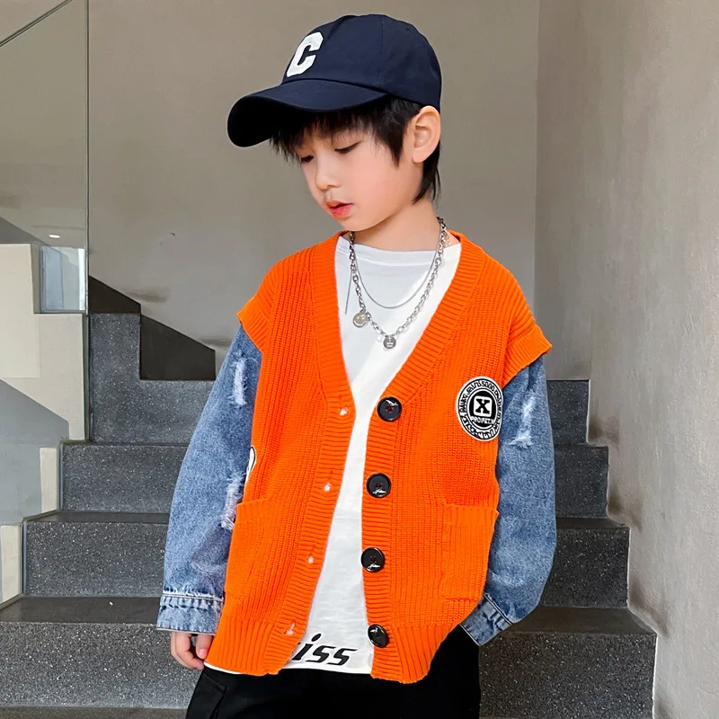 

Net red big children's clothing boys denim sleeves cardigan fashion knitted jacket 2022 spring new tops