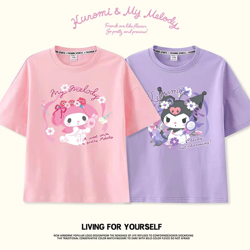 

Sanrio Kawaii Kuromi My Melody Clothes Girl Heart Cute Cartoon Cinnamoroll Short Sleeve T-Shirt Summer Children Loose Kid Gift