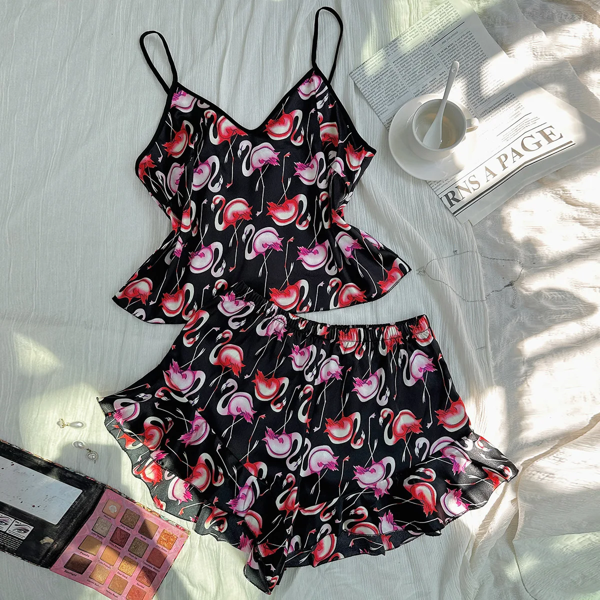 Women Pajamas Sets 2pcs Satin Silk Heart Print Pijamas Pyjama Female Sleepwear Cami Top Shorts for Woman Homewear Loungewear