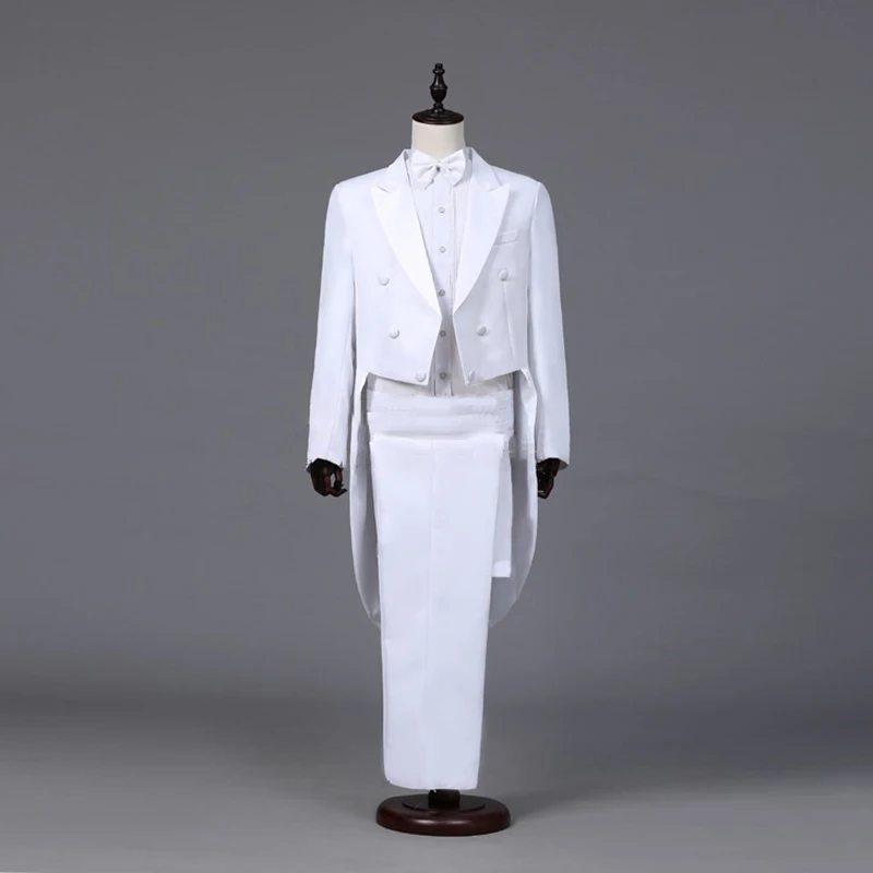 Mens Tailcoat White Black Red Jacquard Lapel Tail Coat Stage Singer Costume Wedding Groom Prom Tuxedo Dress Suits Jacket+Pants images - 6