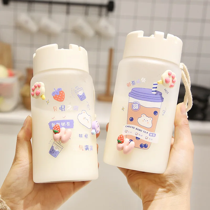 

400ml Water Bottle INS Cute Plastic Frosted Transparent Milk Mug Portable Summer Outdoor Travel Cartoon Leak Proof Drink Tumbler