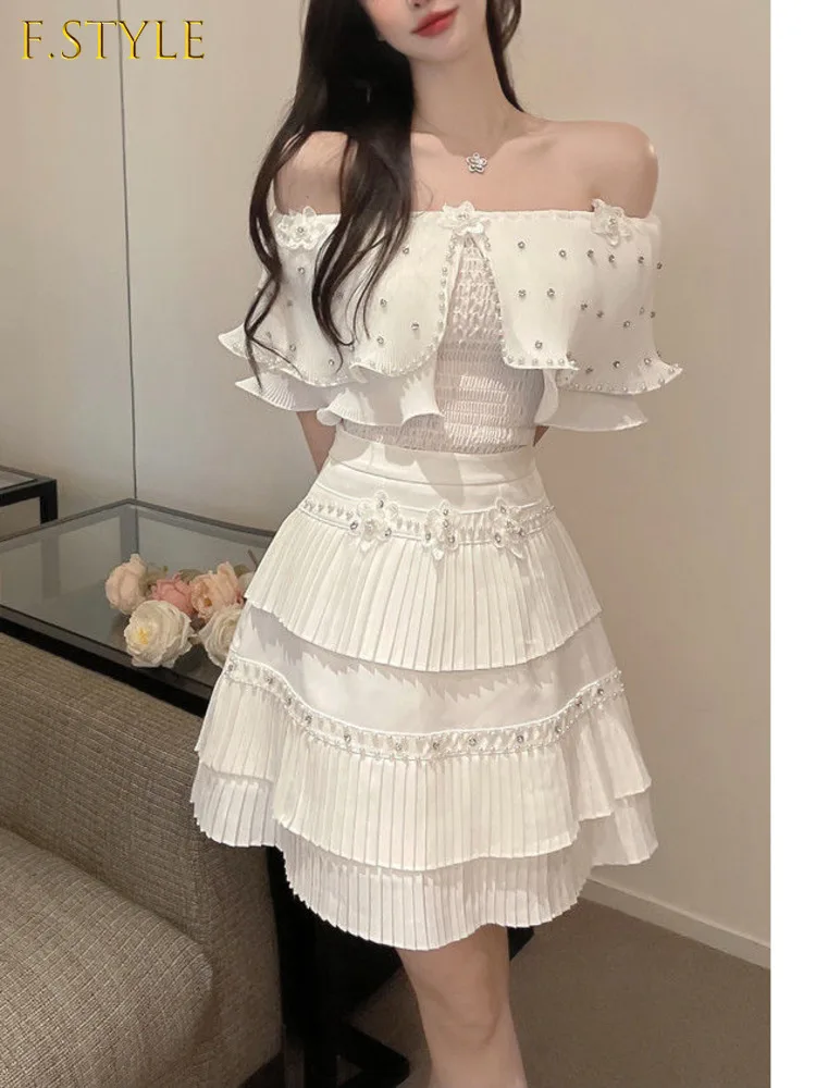 High-grade White Shining Beads Lady Set Solid Color Short Ruffles Elasticity Top And Pleated Skirt Korean Elegant Two Pcs Suit