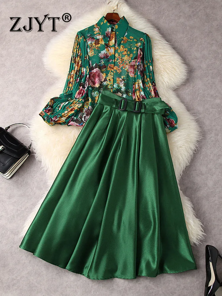 ZJYT Designer Fashion Lantern Sleeve Print Chiffon Blouse and High Waist Skirt Set Womens Green Outfit 2Piece Dress Suits Spring