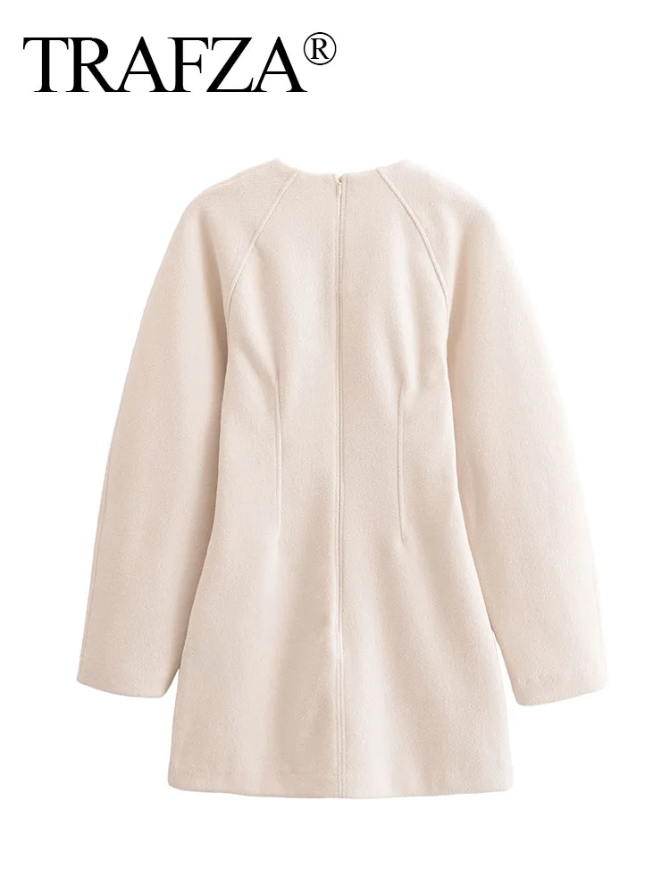 TRAFZA Autumn New Fashion Dresses Woman Trendy Solid Long Lantern Sleeves Zipper Female Chic Holiday Style Loose Mini Dress