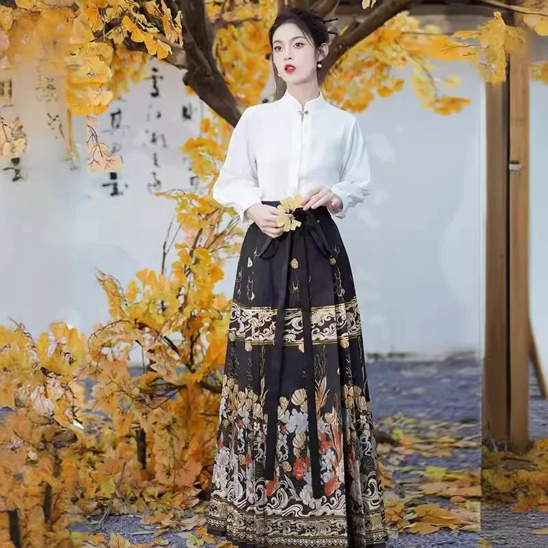 Женский костюм с юбкой в китайском стиле Hanfu однотонная белая рубашка