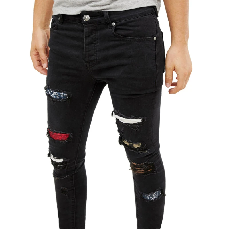 22ss Men JeansY2k Streetwear High Street Slim Fit Fashion Patch Ripped Black Clothing