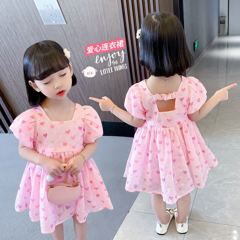 

Girls' Dresses Summer 2022 New Net Red Magenta Little Girl Princess Pink Dress Treasure Bubble Short Sleeve Dresses 1-7 Yrs