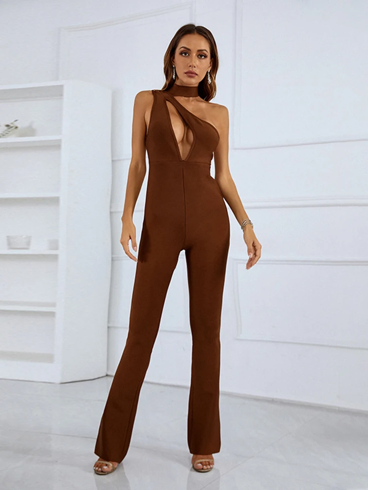 Sexy Sleeveless Hollow Out Bodycon Bandage Jumpsuit Elegant One Shoulder Backless Long Pants Bodysuit Celebrity Club Party