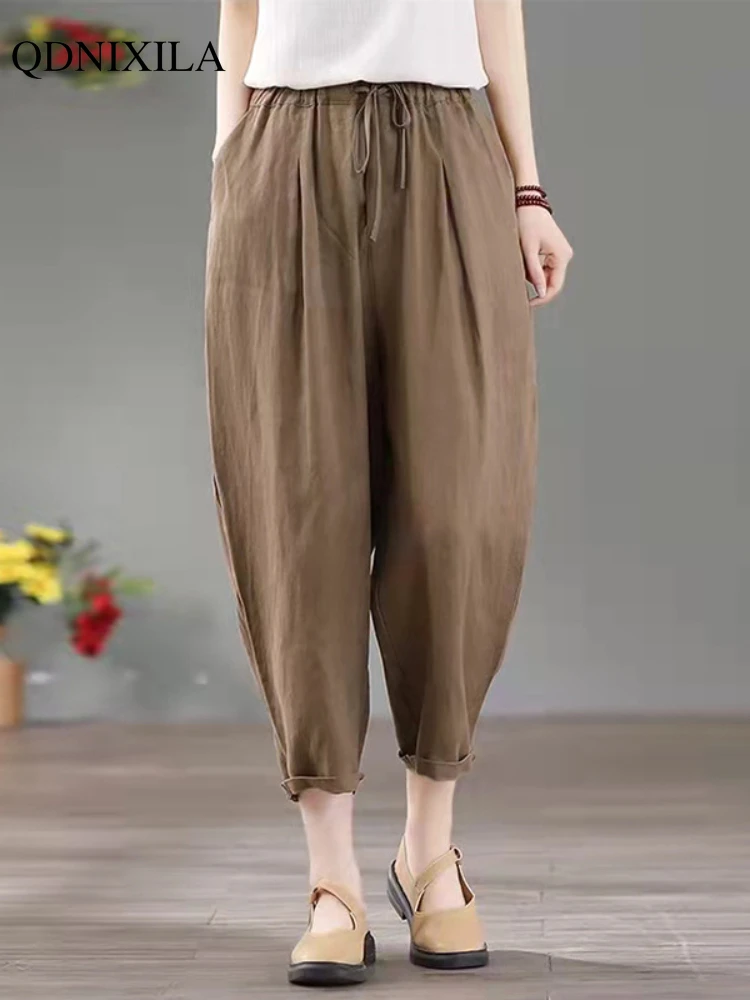 2022 Spring Summer Cotton Linen Cropped Women's Pants Casual Vintage Harem Pants High Waist Korean Fashion One Size Trousers