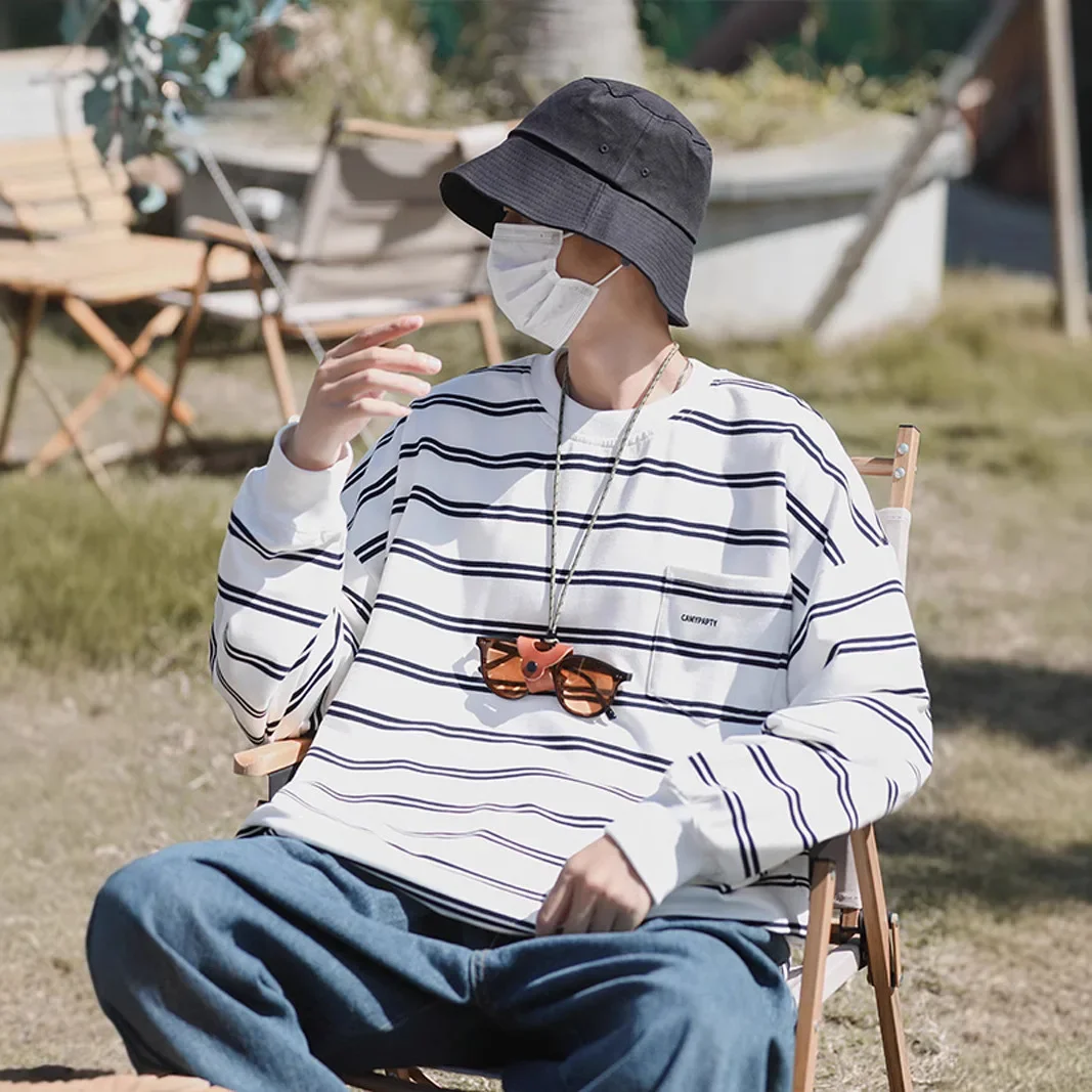 Модная полосатая футболка с длинными рукавами в гонконгском стиле уличная