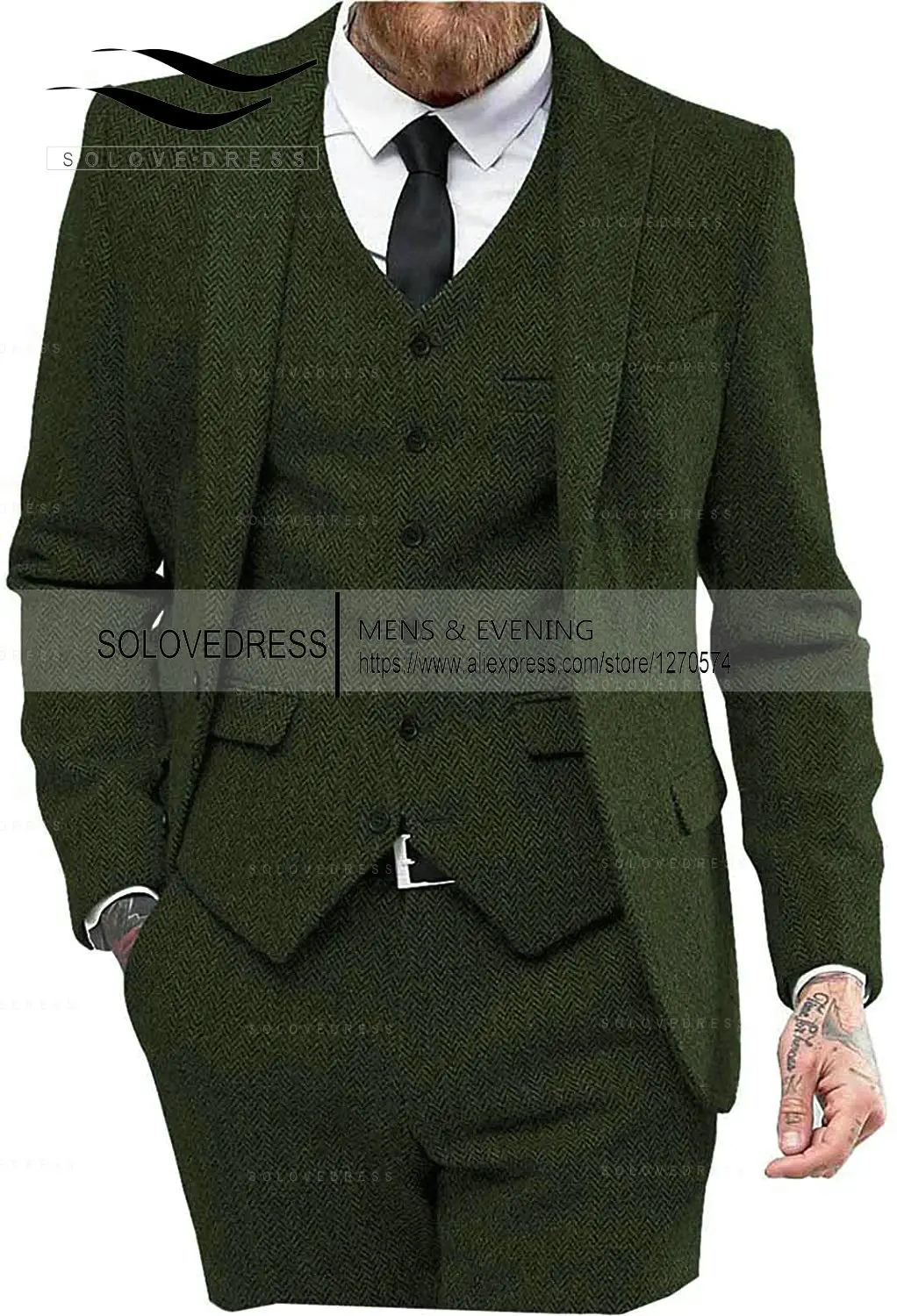 

Men's Three Piece Herringbone Tweed Formal Suit Peak Lapel Elegant Suit For Business (Blazer+vest+Pants)