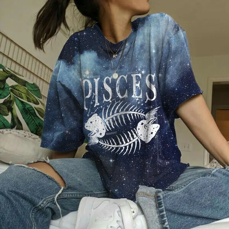 

Letter Pisces Print Vintage Loose Letter Woman Tshirts Short Sleeve Casual Streetwear Summer Plus Size 2021 Tie Dye T shirt Tops