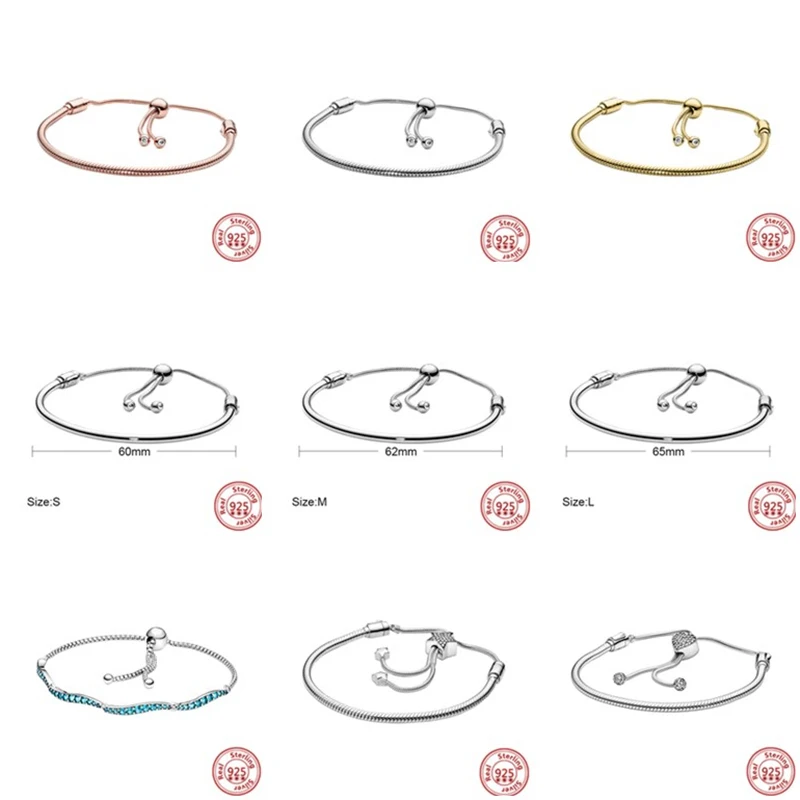 

Hot Selling 925 Sterling Silver Heart Snake Chain Slider Charms Bracelet Fit Original Brand Bead DIY Women Adjustable Jewelry