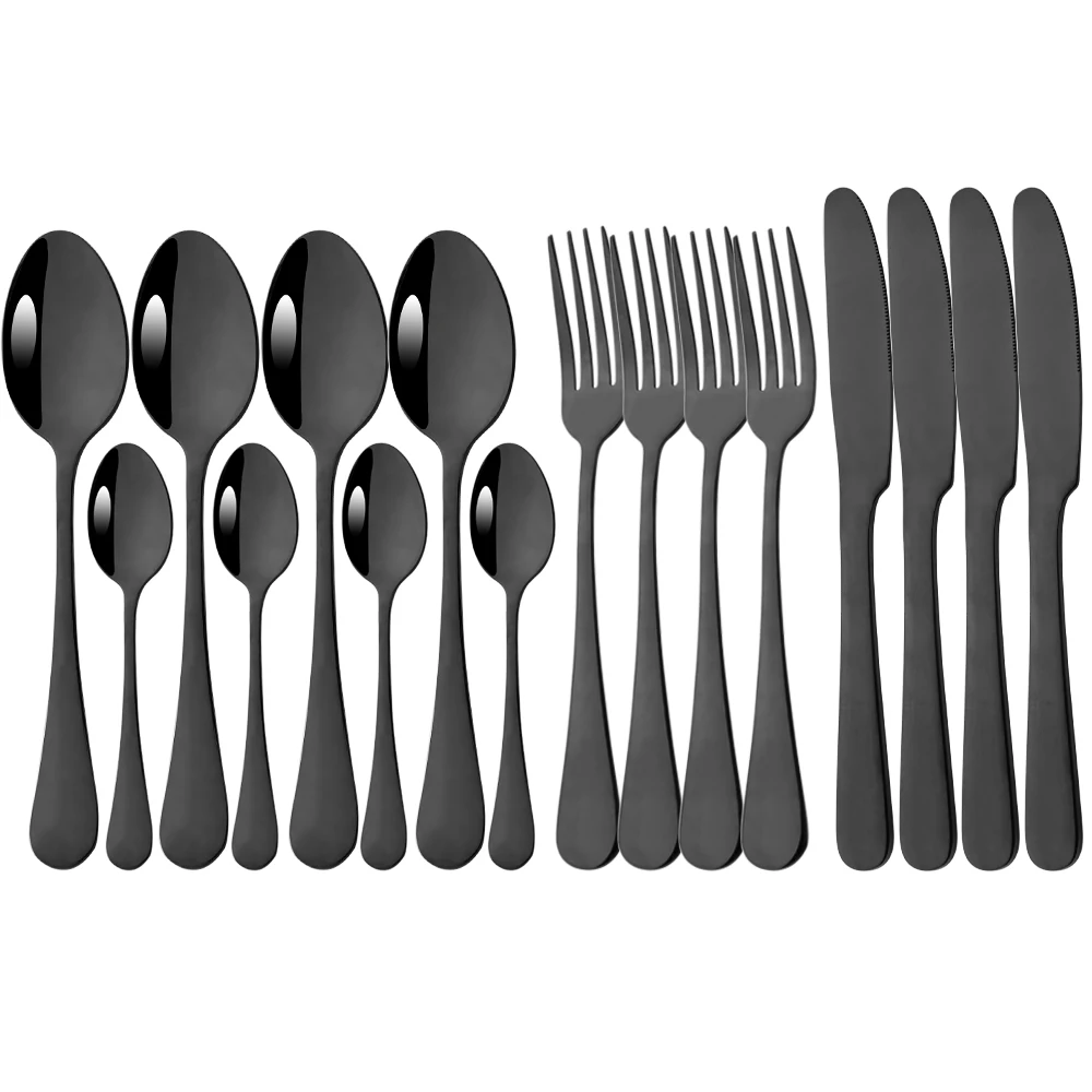 

Drmfiy 16Pcs Black Dinnerware Set Knife Forks Spoons Cutlery Mirror Flatware Stainless Steel Silverware Kitchen Tableware Set