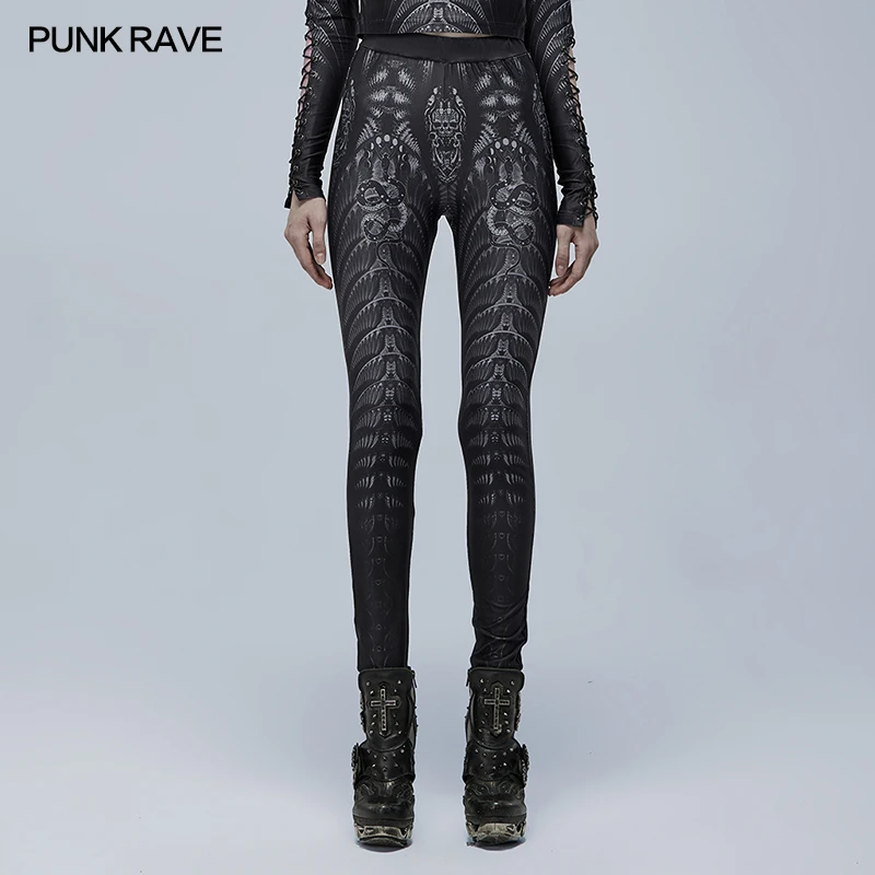 PUNK RAVE Women's Gothic Skinny Skeleton Charm Sexy Knitted Print Leggings Punk Match Simple Pants Women Spring Autumn