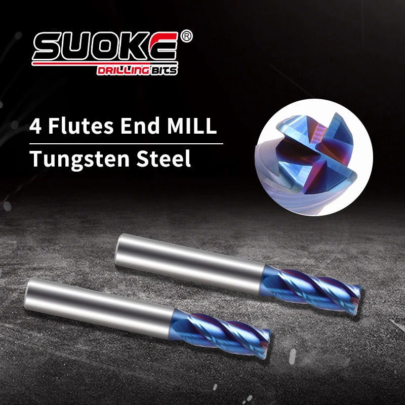 

Концевая фреза SUOKE HRC65 с 4 канавками, Угловой радиус, с синим покрытием, карбидная Вольфрамовая сталь, фреза с ЧПУ, 5-20 мм, Угол R, R0.5, R1