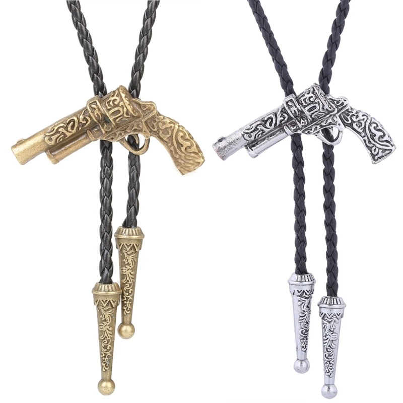 

634C Western Cowboy Bolo Necktie with Relief Guns Buckle Decor Vintage Tie for Men