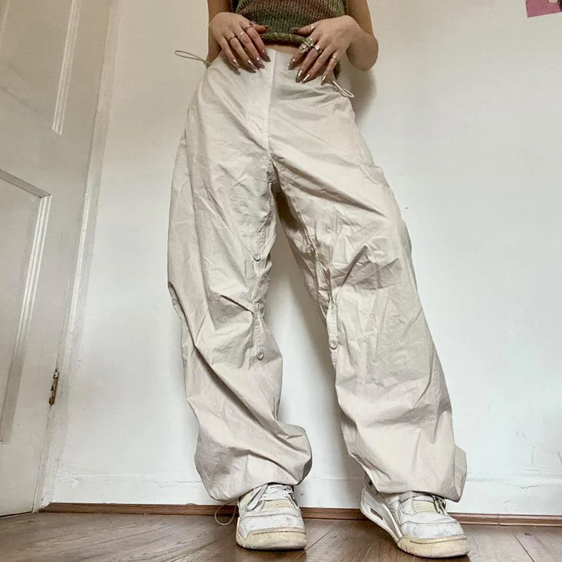 

Шон тсин®Брюки-карго Женские винтажные, прямые свободные тонкие штаны с регулируемой талией, уличная одежда в американском стиле, широкие брюки