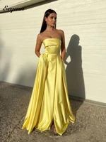 elegant yellow satin evening gown 2022 summer strapless long a line women prom dresses gala celebrity formal gown with pockets