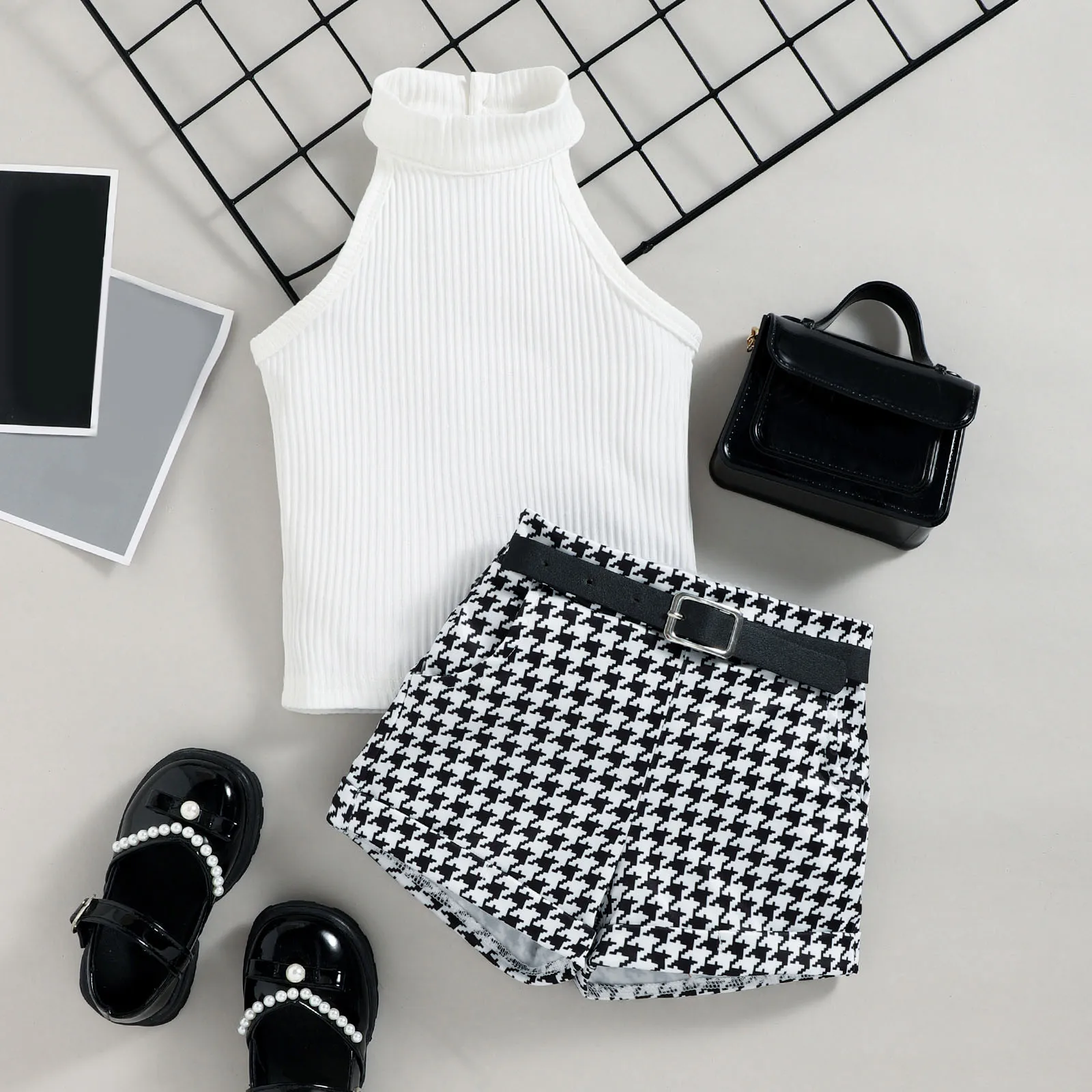 

Summer Toddler Girls Sleeveless Ribbed Vest Tops And Plaid Shorts Belt Outfit Autumn Baby Girl Outfit Top Girls Clothing
