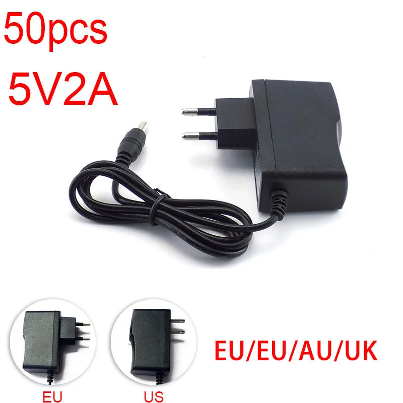 

50pcs 5V 2A 2000mA AC to DC Power Adapter supply 100V-240V Converter wall charger 5.5mm x 2.1mm for LED Strip Light CCTV Camera