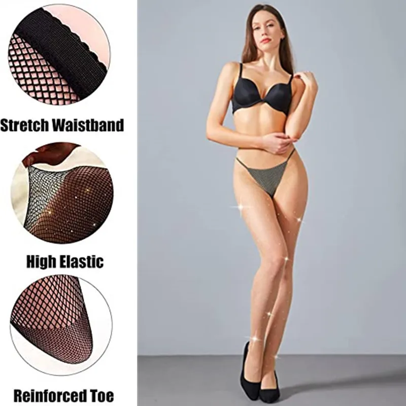 

Fishnet Stockings Mesh Tights Lingerie Rhinestone High Waist Sparkly Tights for Women Night Club Pantyhose Without Underwear