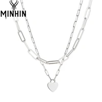 minhin heart chain necklaces for women silver color necklace pendant round geometric link choker fashion jewelry classic chains