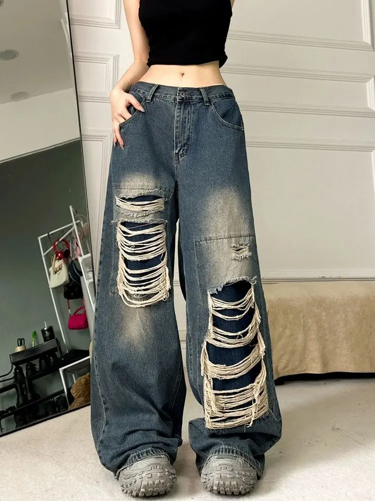 

Women Streetwear Blue Baggy Ripped Korean Jeans High Waist Oversize Wide Leg Pants Grunge Hole Denim Trousers Y2K Alt Clothes