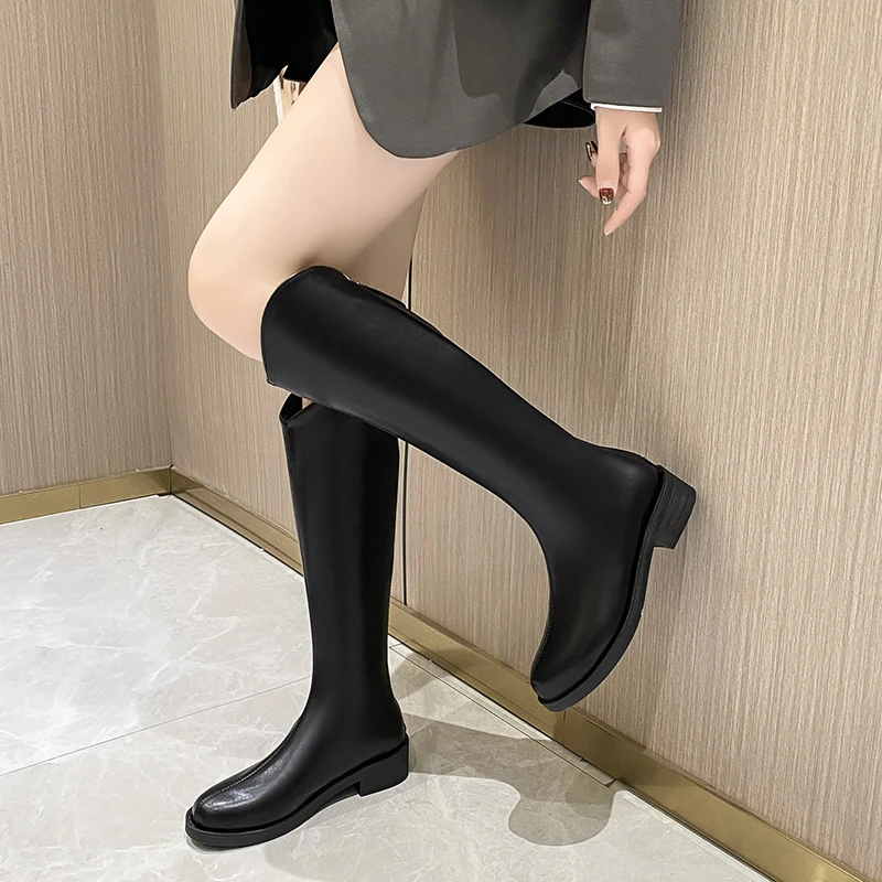 

Зимняя женская обувь, женская обувь на молнии сзади, женские сапоги до колена на среднем каблуке и квадратном каблуке, женская обувь с круглым носком, лидер продаж