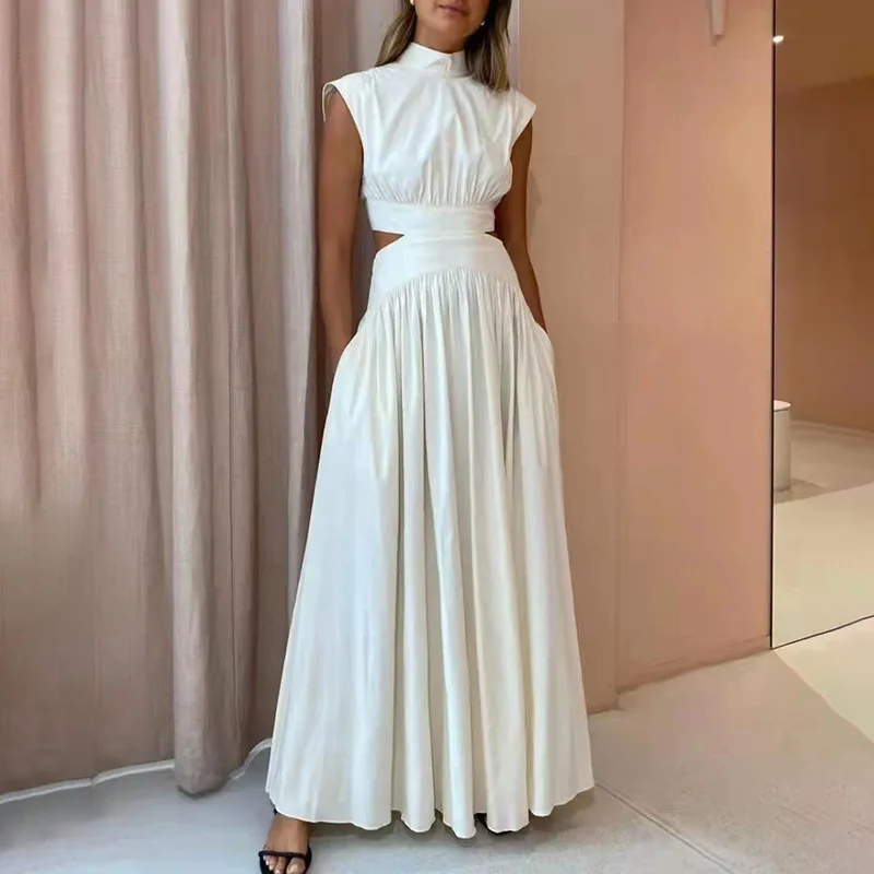 

European station white long skirt 2022 spring and summer new half high neck sleeveless design waistless dress