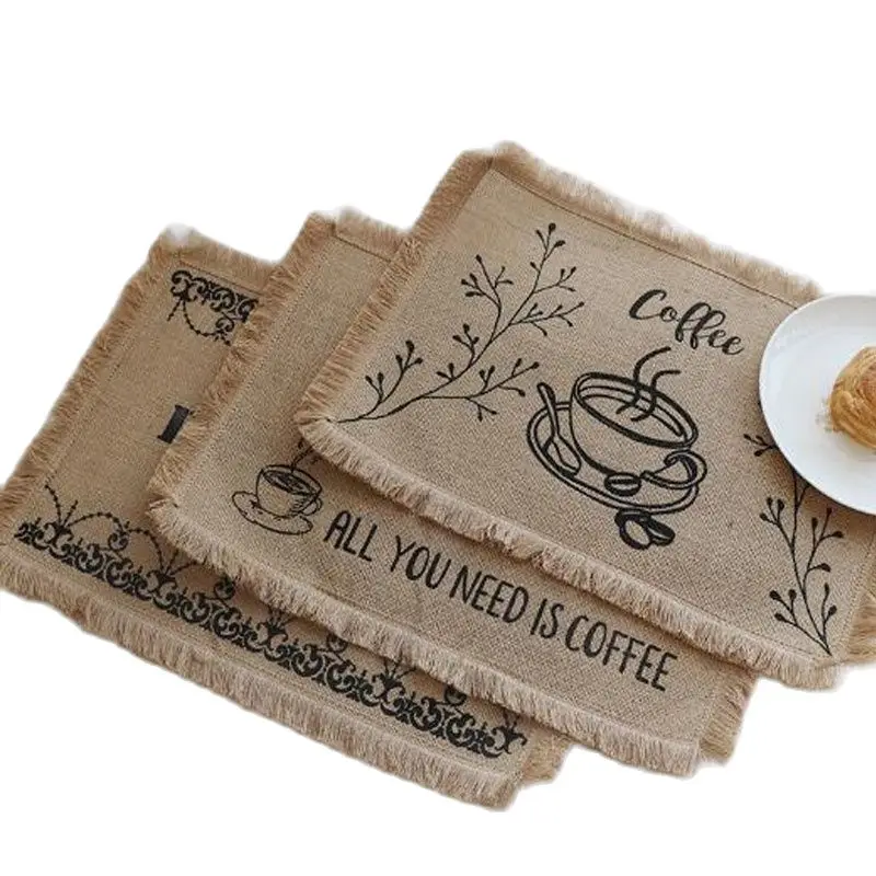 

HOT Natural Jute Burlap Printed table place mat pad Cloth dish placemat cup Christmas coffee tea coaster doily kitchen accessory