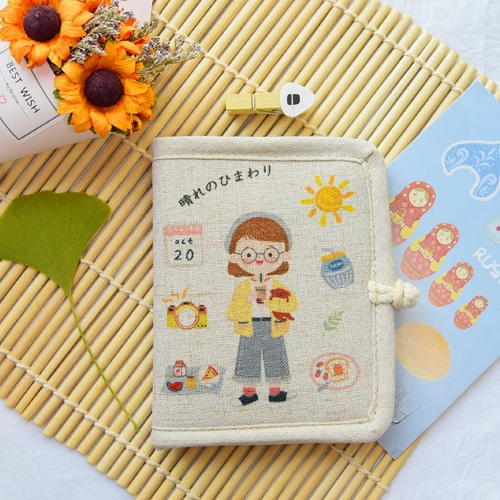 

Original Japanese Illustration Fresh Fabric Wallet Women's Short Folding Cotton and Linen Vintage Buckle Coin Purse Small Wallet
