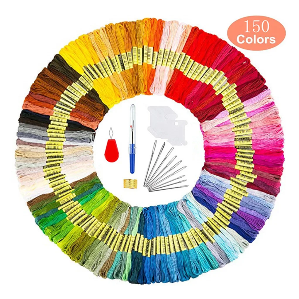 

Color Random Embroidery DIY Sewing Kit Household 150 Color Threads Embroidery Needles Thimble Set