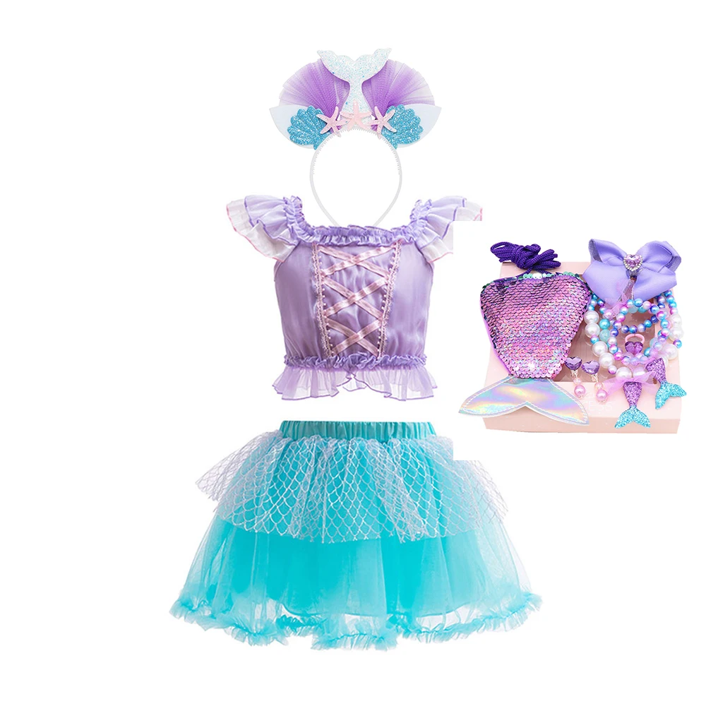 Disney Girl Princess Mermaid Ariel Snow White Costume Tutu Dress 2PCS Set Flying Sleeve Birthday Carnival Party Toddler Outfits