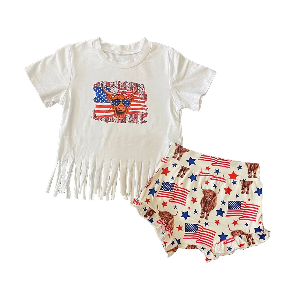 

Boutique Baby Girls Clothing Summer Bull Head Print Tassel Shorts Outfit 4th Of July Bummie Sets