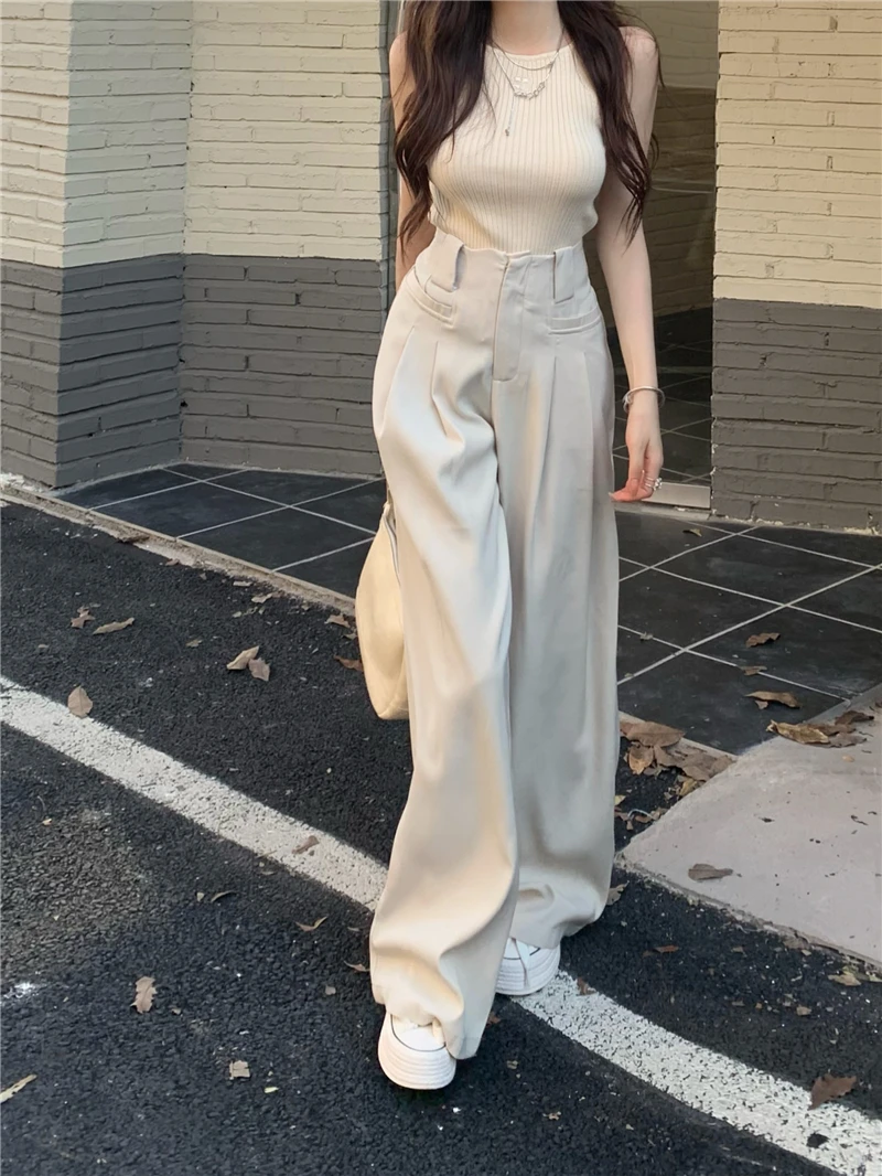 Vintage Streetwear Wide Leg Pants Women Fashion White Suit Pants High Waist Straight Trousers Korean Casual Y2k Pantalon Femme