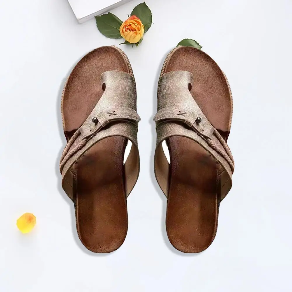 

1 Pair Beach Slippers Flat Retro Faux Leather Slip-on Open Toe Anti-slip Women Slippers Summer Casual Flip Flops Slides Footwear