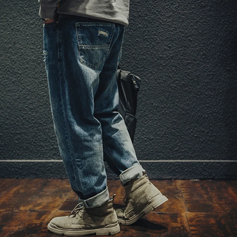Men Clothing Autumn and Winter New Straight Loose Cylinder Jeans Vintage Chaopai Comfortable Blue Ripped Harun Trousers Female
