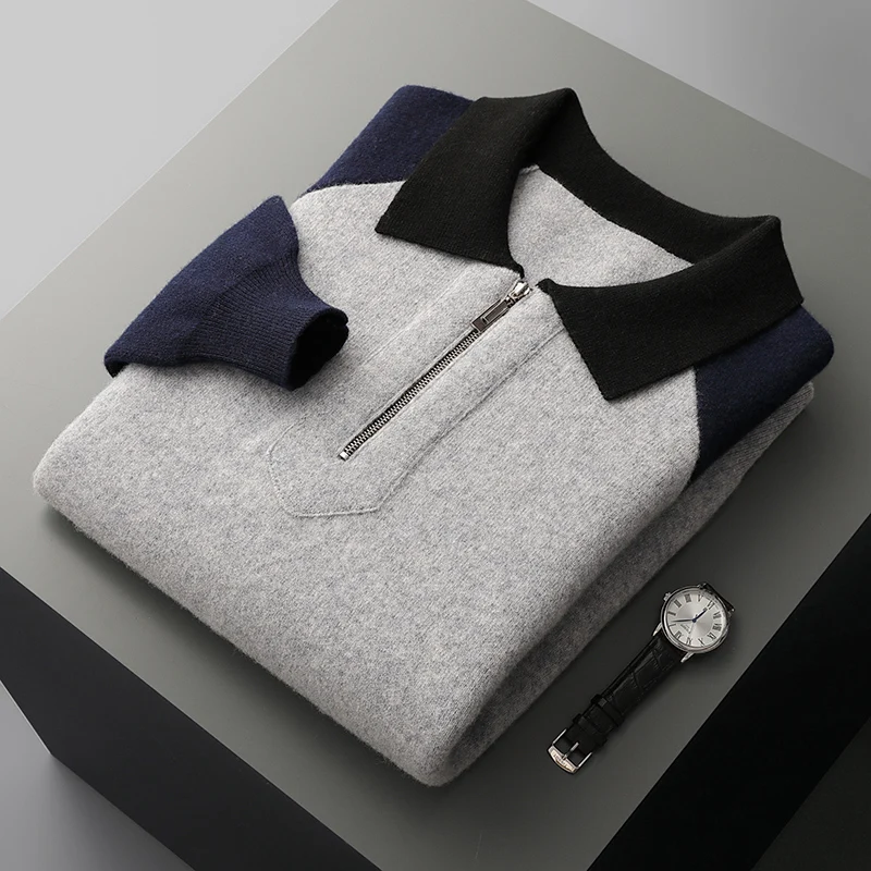 100% чистая шерсть цветная молния с поворотными рукавами пуловер лацканами