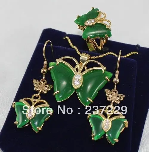 

>>@> Wholesale price aSet Pretty 18K GP butterfly green jade pendant Necklace earrings ring