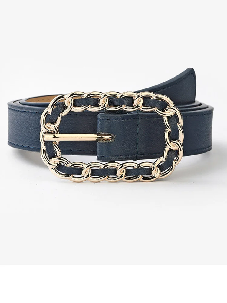 Ремень из ПУ кожи Женский черный декоративный пояс с пряжкой-цепочкой сплава в