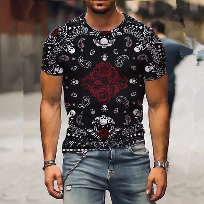

Summer New Mens Oversized Vintage Short Sleeve T Shirts Fashion Harajuku Skull Print O Collared Ethnic Tshirts Camiseta Hombre