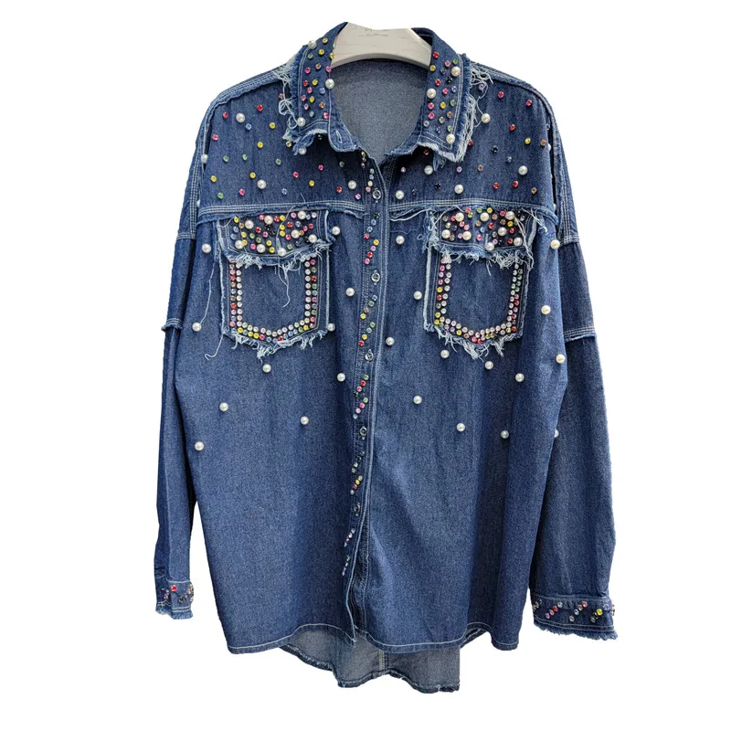 

KE LA Spring and Autumn 2023 New Heavy-duty Diamond-studded Denim Shirt Beaded Loose Shirt Women