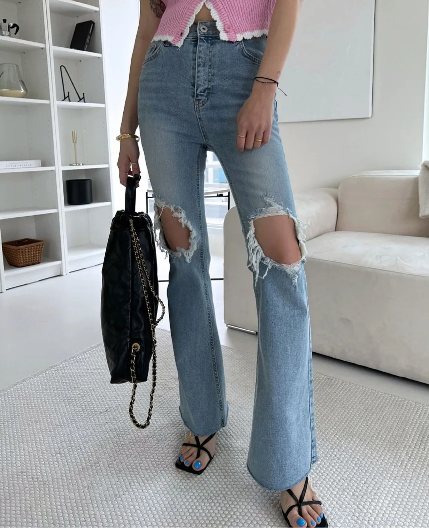 New 2023 Ripped slim fit wrapped  micro-flared jeans  women Skinny High Street Casual Distressed pants